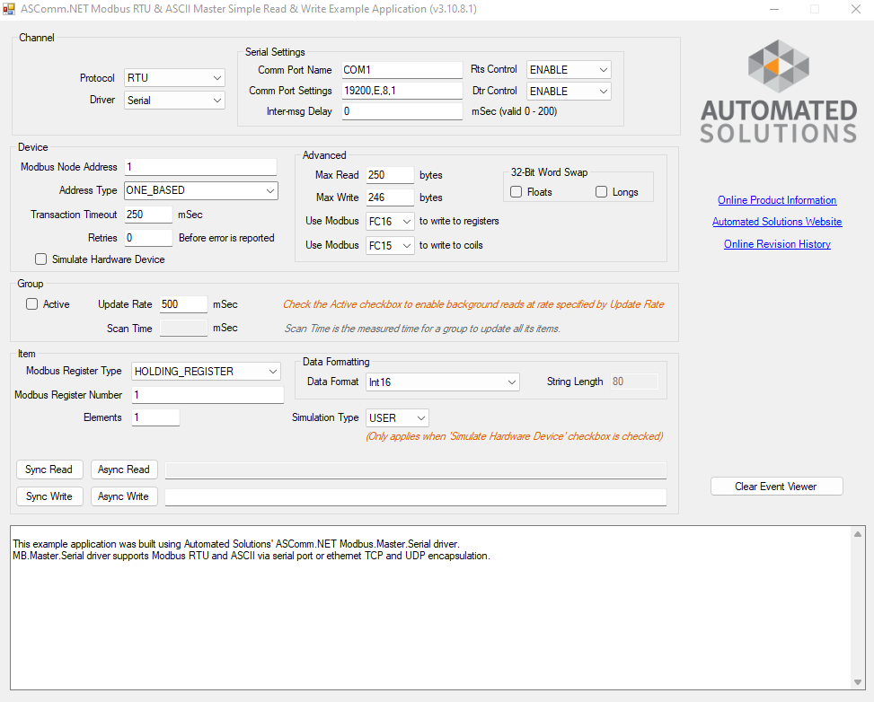 driver software modbus rtu/ascii master example application