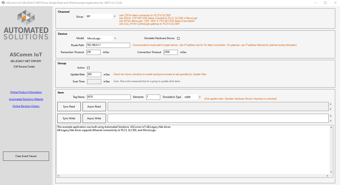 Allen Bradley IoT software PLC Driver Example Application