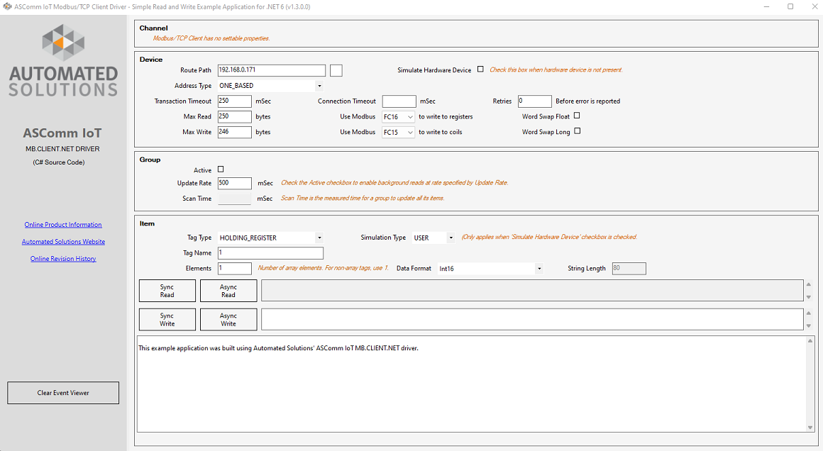 Modbus IoT Software Client Driver Example Application