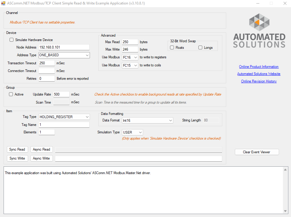 driver software plc commuinication modbus tcp client driver example application