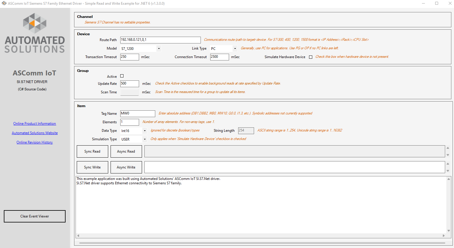 Siemens IoT Software Driver Example Application